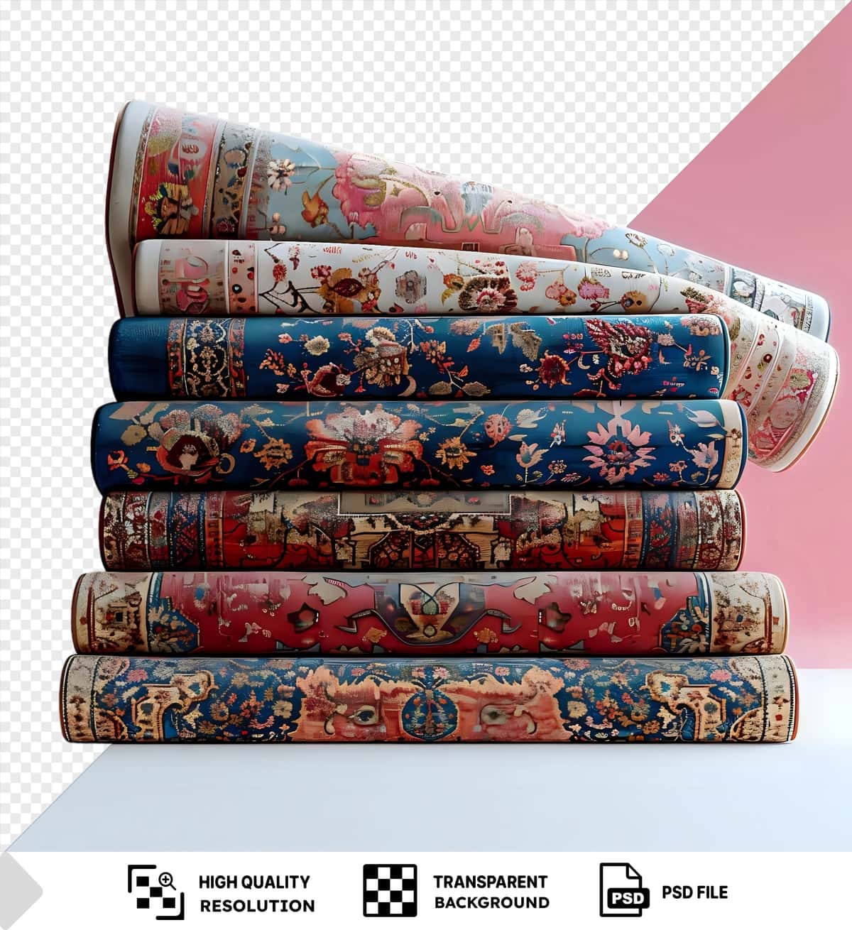 Pushti fonda murakkab naqshli rangli gilamlarni to'plang | Stack colorful rugs with intricate designs against pink background 1