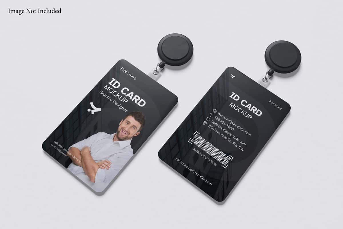 Kulrang fonli ID karta nishoni maketi | Id card badge mockup with grey background 1