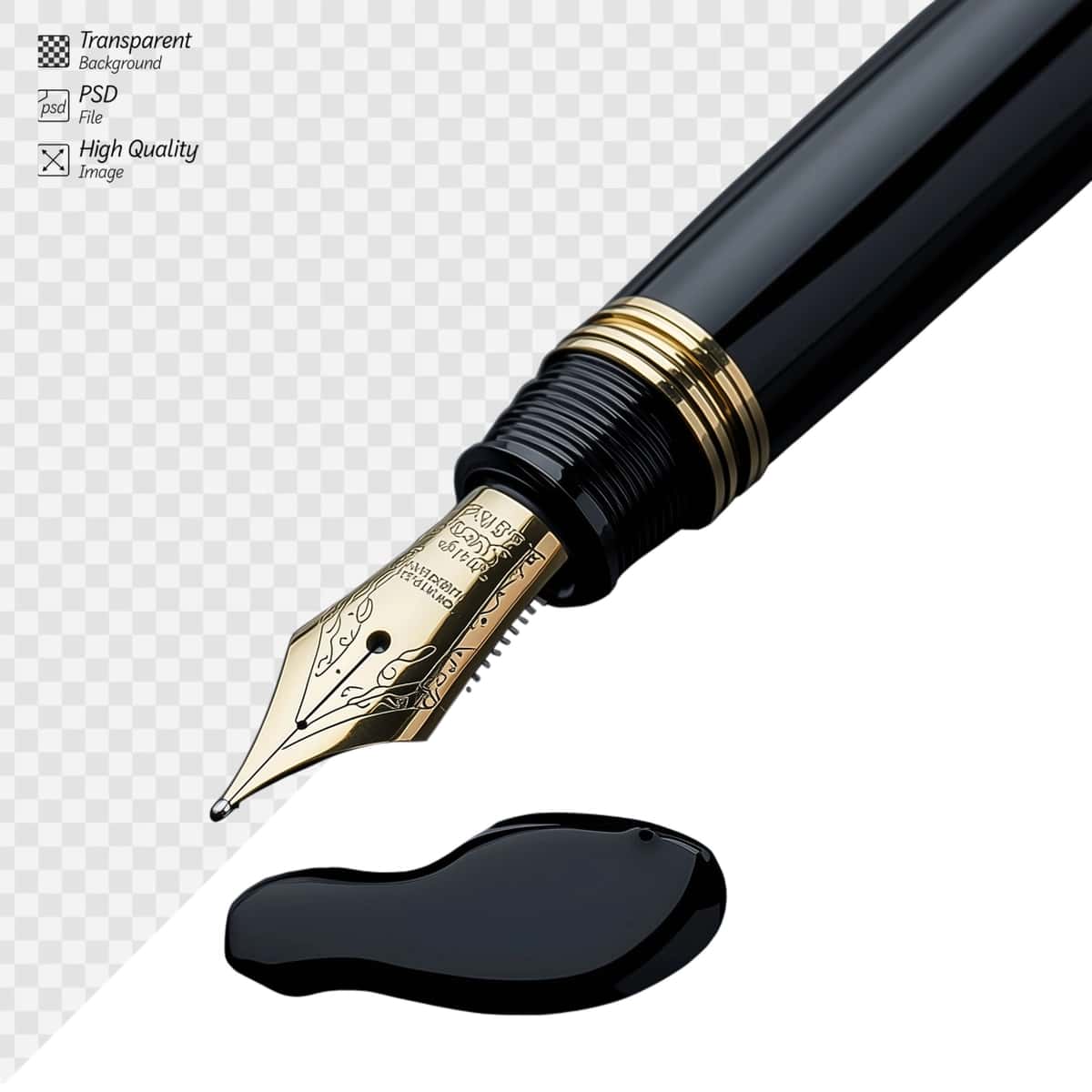 Closeup qora oltin favvora qalam uchi shaffof fon | Closeup black gold fountain pen nib transparent background 1