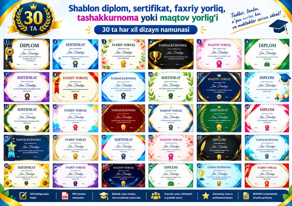 Shablon diplom, sertifikat, faxriy yorliq, tashakkurnoma yoki maqtov yorlig'i 30 dona ZIPda 1
