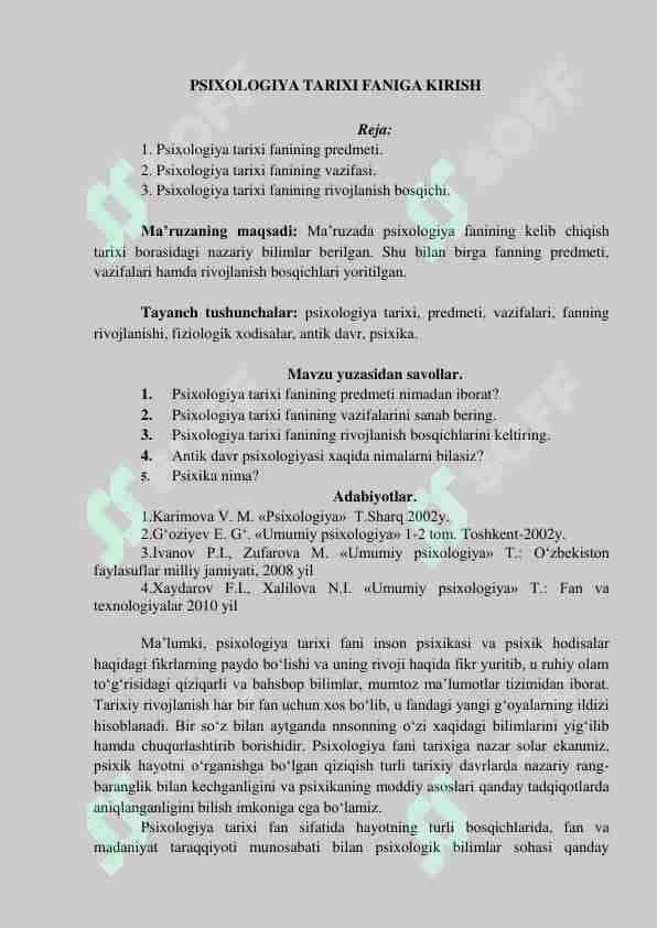 PSIXOLOGIYA TARIXI FANIGA KIRISH