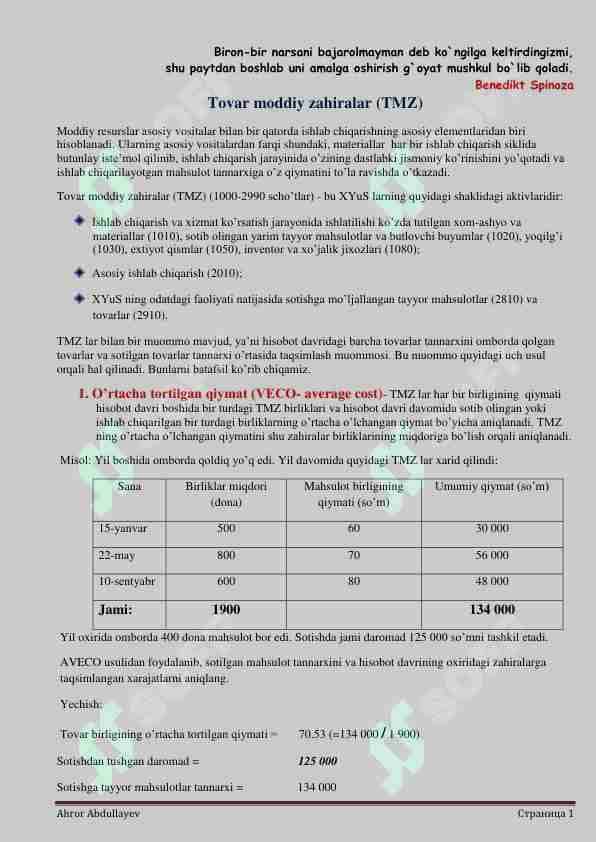 Tovar moddiy zaxiralar (Moliyaviy hisob 1)