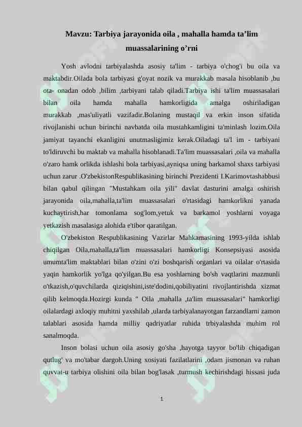 Tarbiya jarayonida oila , mahalla hamda ta’lim muassalarining o’rni 1