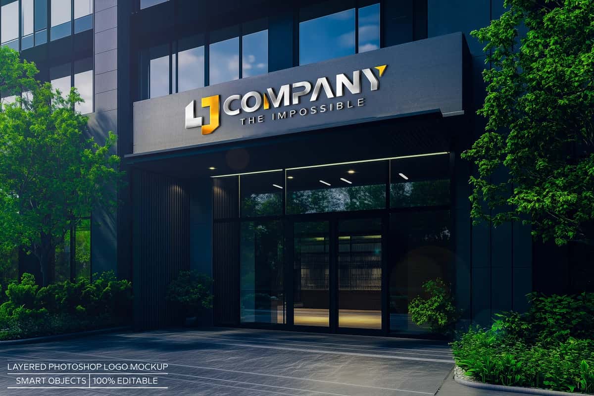 Fotorealistik 3D logotipi zamonaviy ofis binosining jabhasi | Photorealistic 3d logo mockup modern office building facade 1