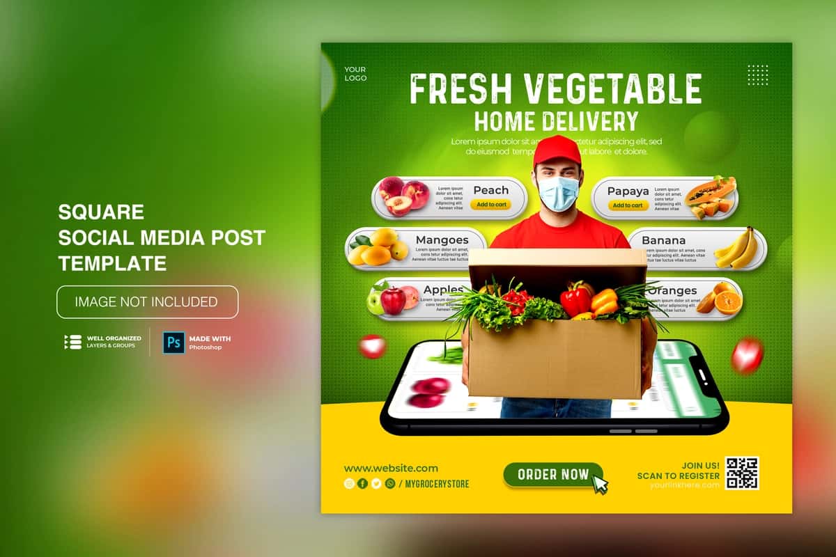 Sabzavotli mevali oziq-ovqat yetkazib berish ijtimoiy media instagram post shabloni | Vegetable fruit grocery delivery social media instagram post template 1