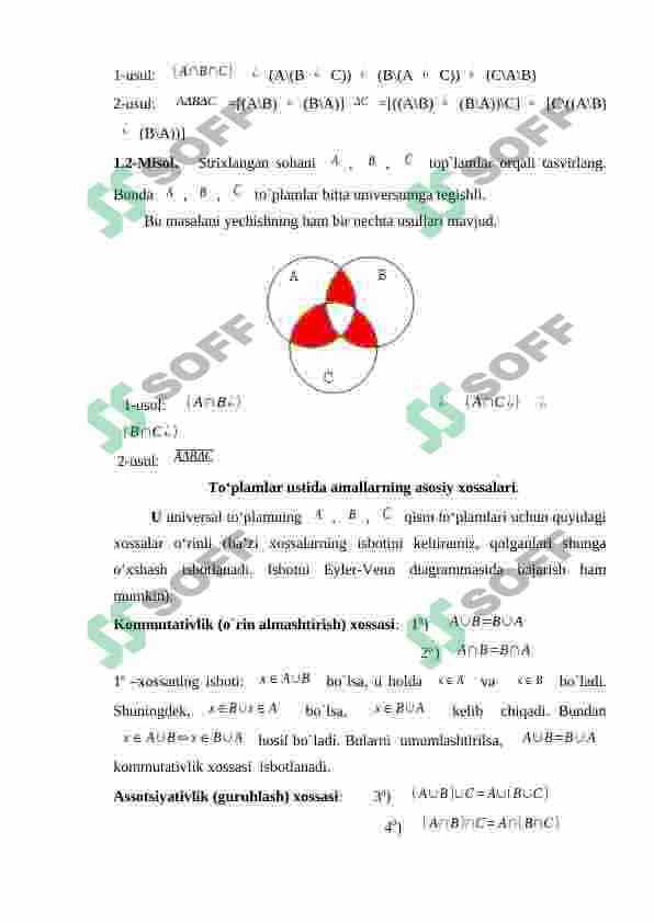 To'plamlar va ular ustida amallar. Eyler-Venn diagrammalari. To'plamning kuvvatini topishga doir masalalar yechish. 2