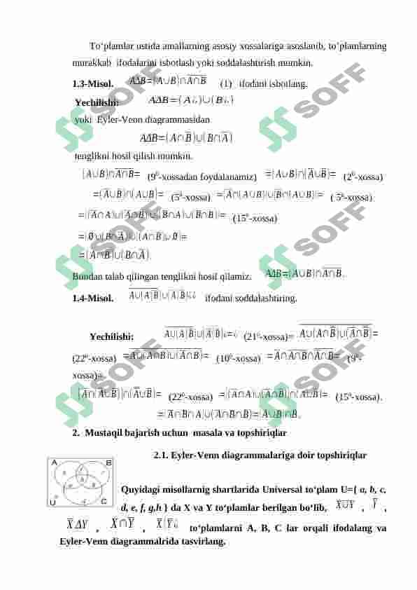 To'plamlar va ular ustida amallar. Eyler-Venn diagrammalari. To'plamning kuvvatini topishga doir masalalar yechish. 4