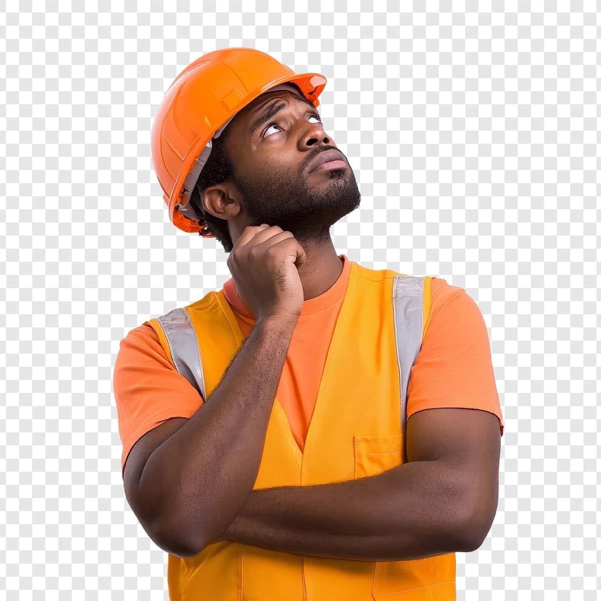 To'q sariq rangli qattiq qalpoqli sariq yelek kiygan odam | Man wearing orange hard hat yellow vest 1