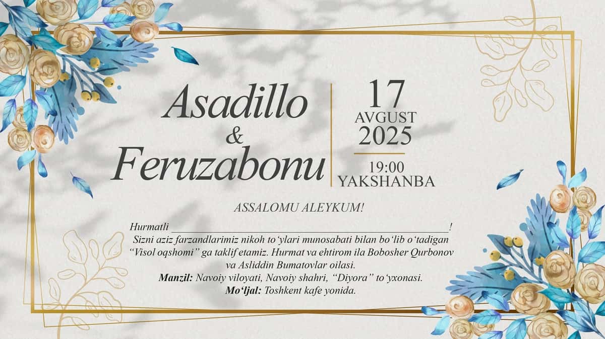 Floral zamonaviy to‘y taklifnomasi (JPG + PSD shablon) 1