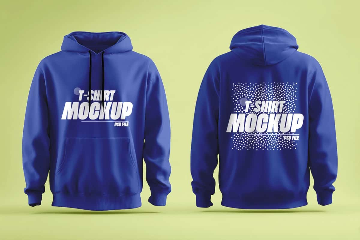 Moviy kapshonli maket old va orqa ko'rinish yashil fon qishki moda | Blue hoodie mockup front back view green background winter fashion 1