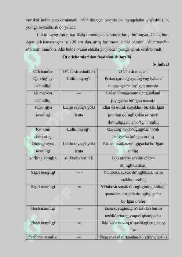 Otlarni o‘lchash, tana tuzilish indekslarini chiqarish va tirik  vaznini aniqlash. 2