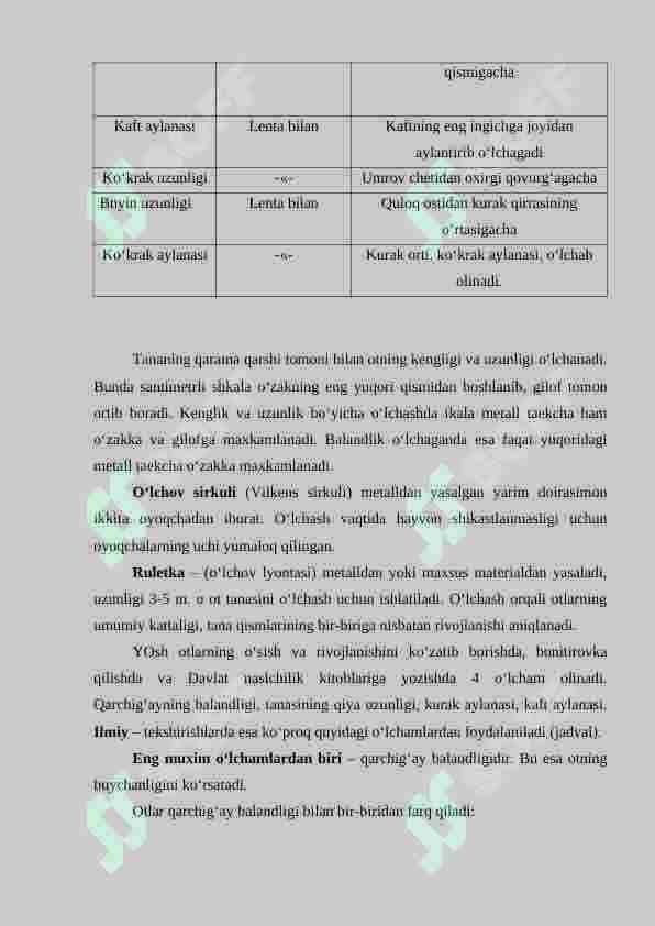 Otlarni o‘lchash, tana tuzilish indekslarini chiqarish va tirik  vaznini aniqlash. 3
