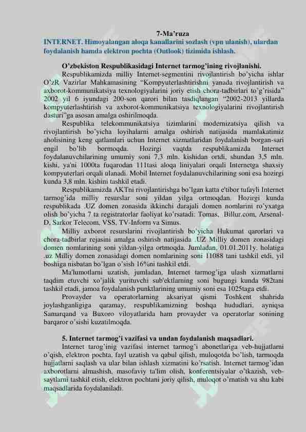 Internit. Himoyalangan aloqa kanallarini sozlash, elektron pochta tzizimida ishlash 1