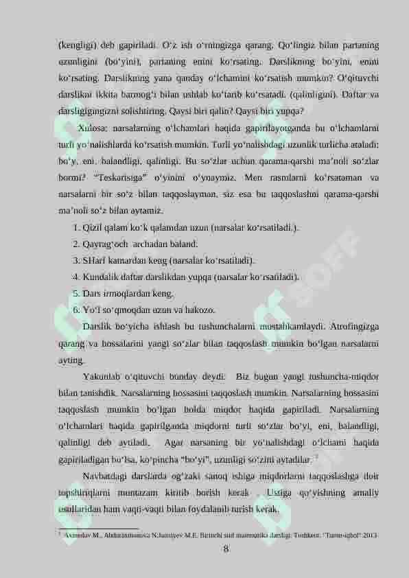Uzunlik o‘lchоvlarining nazariy asоsi va uni o‘rganish mеtоdikasi. (1-4 sinf misolida) 8