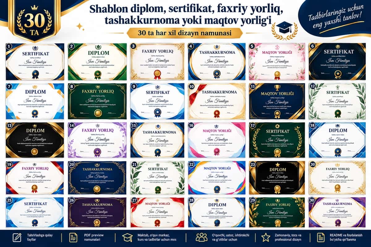 Shablon diplom, sertifikat, faxriy yorliq, tashakkurnoma yoki maqtov yorlig'i 30 tasi ZIP 2