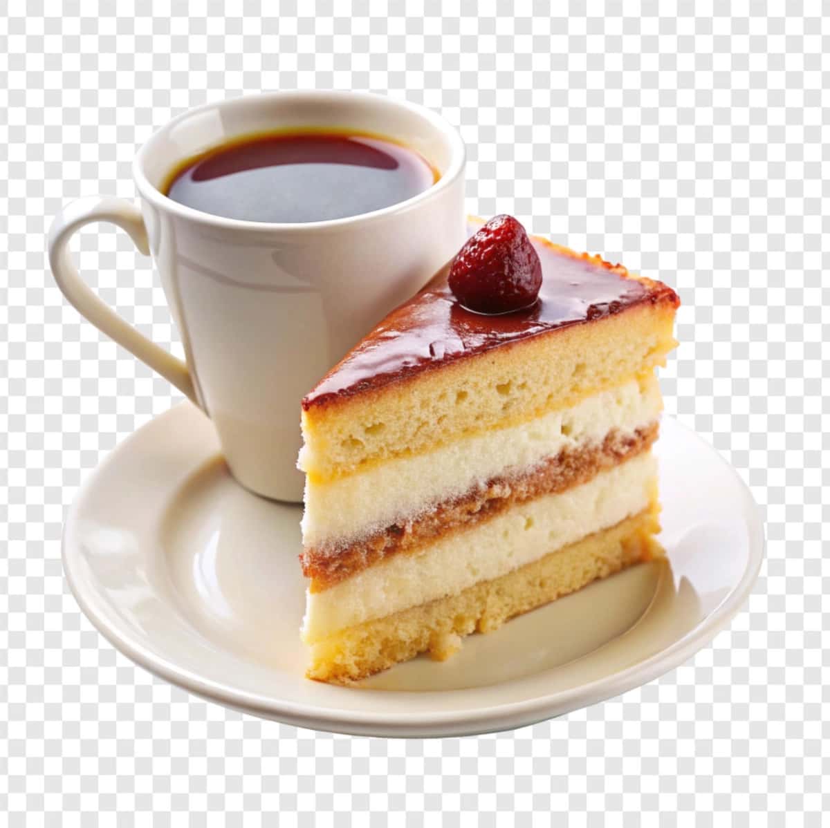 Izolyatsiya qilingan shaffof fonda kofe bilan shimgichli tort | Piece sponge cake with cup coffee isolated transparent background 1