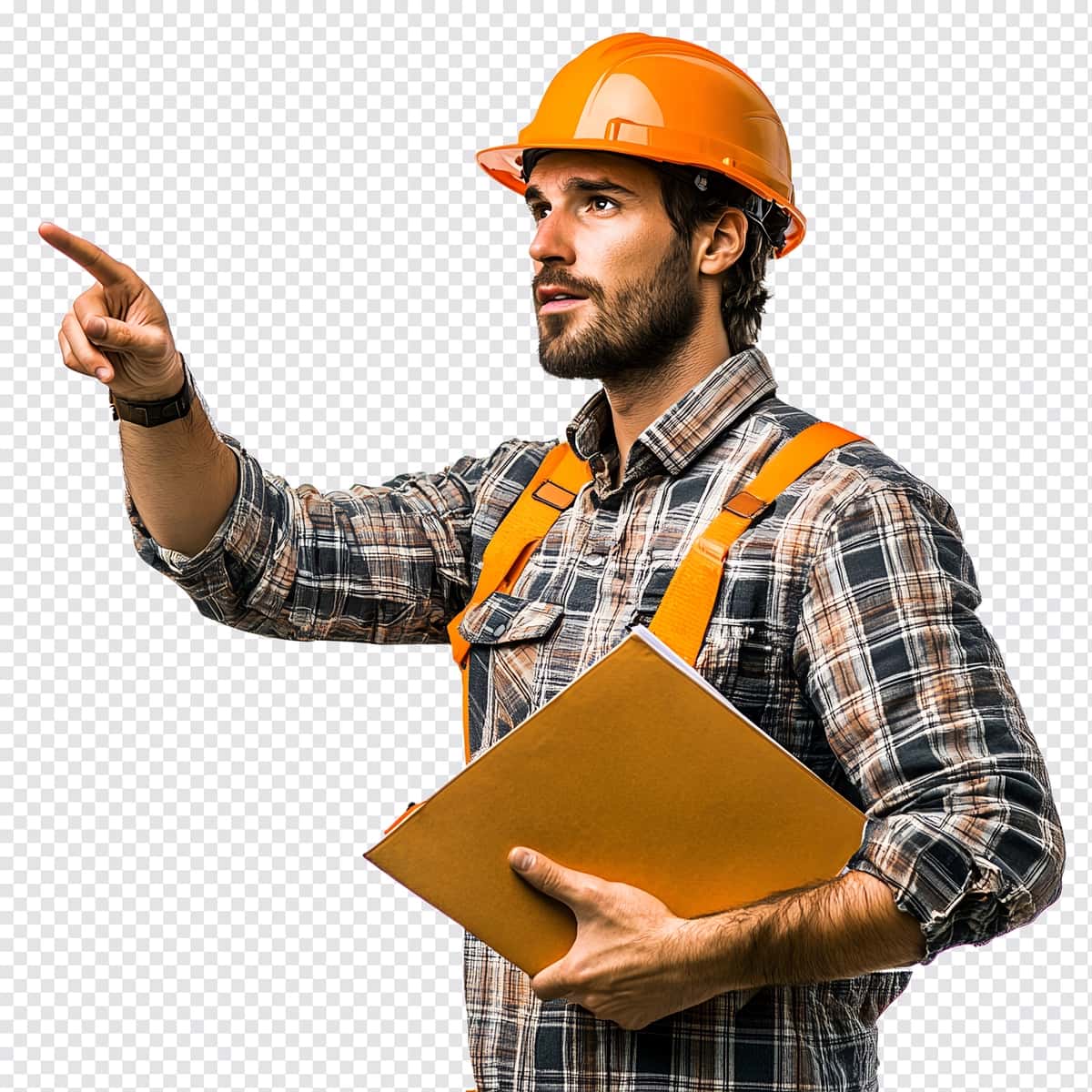 Yo‘naltiruvchi ishora qilayotgan qurilish ishchisi | Focused construction worker pointing directing 1