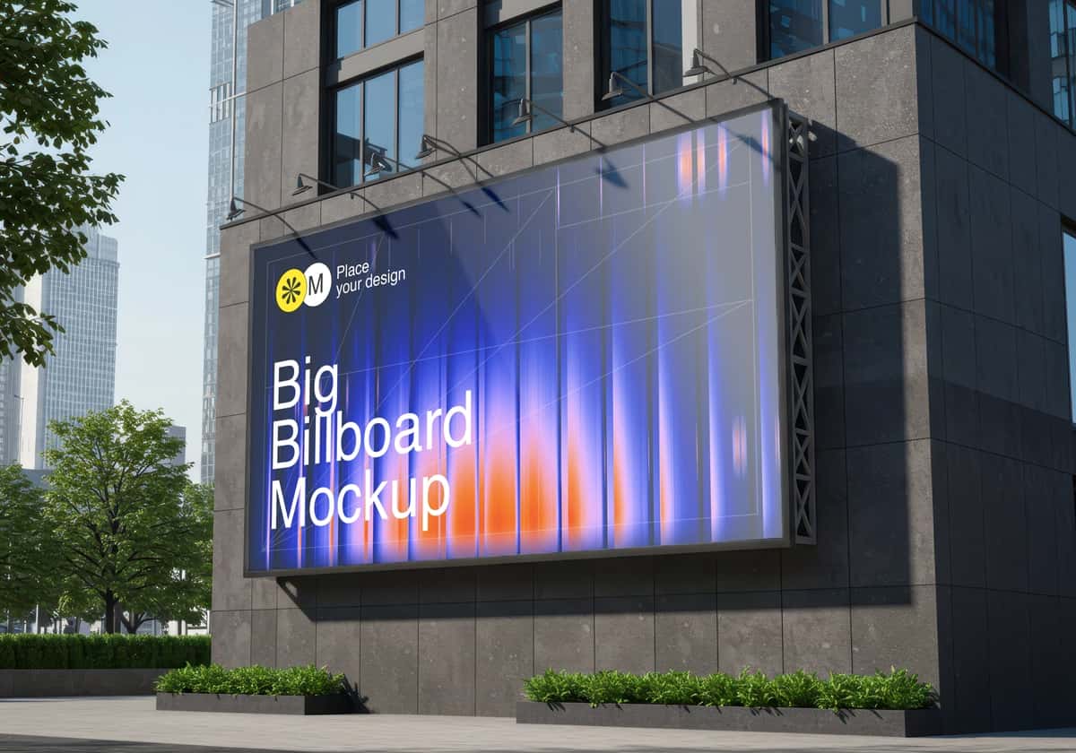 Zamonaviy binoning tashqi ko'rinishidagi katta reklama taxtasi maket | Large billboard mockup modern building exterior 1