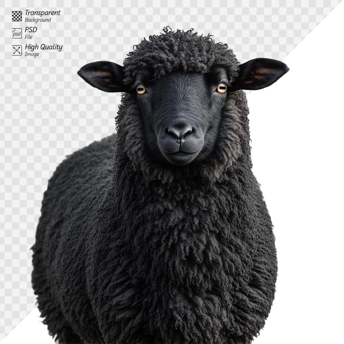 To‘g‘ridan-to‘g‘ri kamera shaffofligida jingalak junli qora qo‘y | Closeup black sheep with curly wool staring directly camera transparent 1