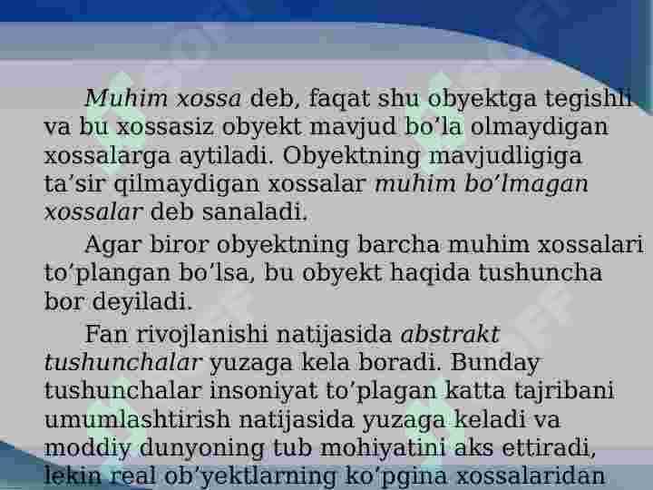 Matematik tushuncha . Tushunchaning hajmi va mazmuni . Tushunchani taʼriflash usullari va ularga misollar. 5