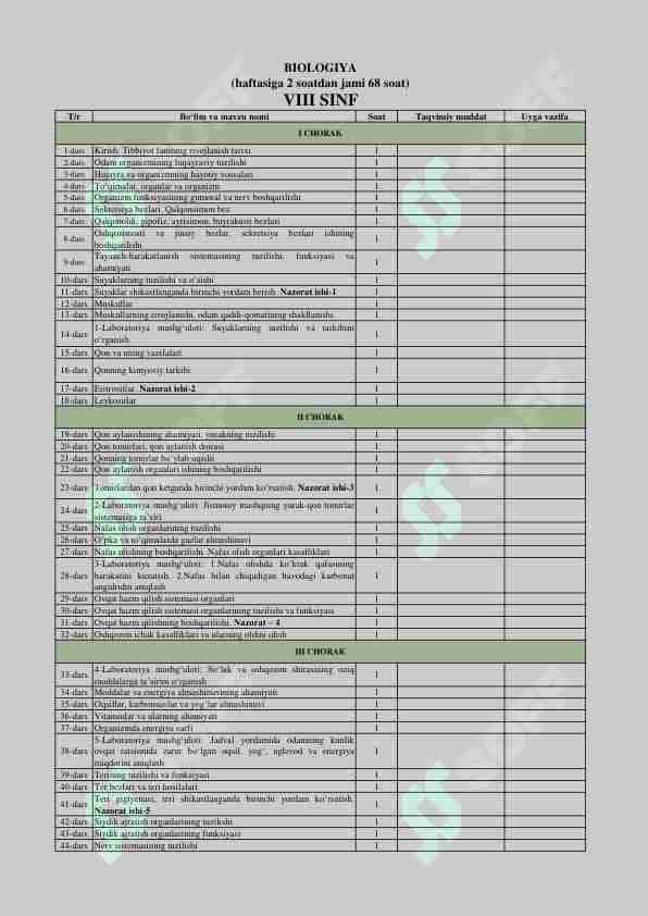 8-sinf taqvimiy reja biologiya