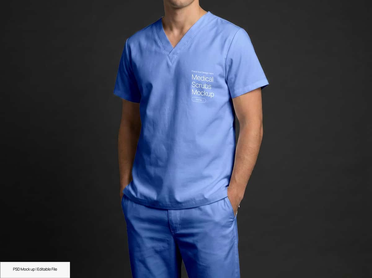 Moviy tibbiy skrablar maket erkak modeli | Blue medical scrubs mockup male model 1