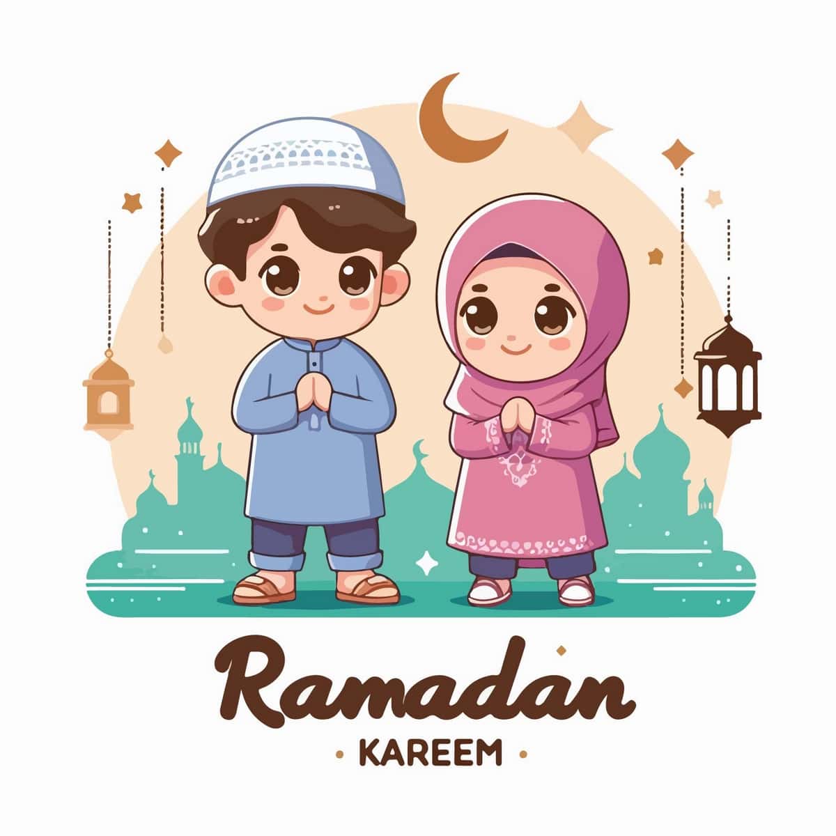 Ramazon oyini nishonlayotgan musulmon bolalarning vektor tasviri | Vector illustration muslim kids celebrating ramadan flat design 1