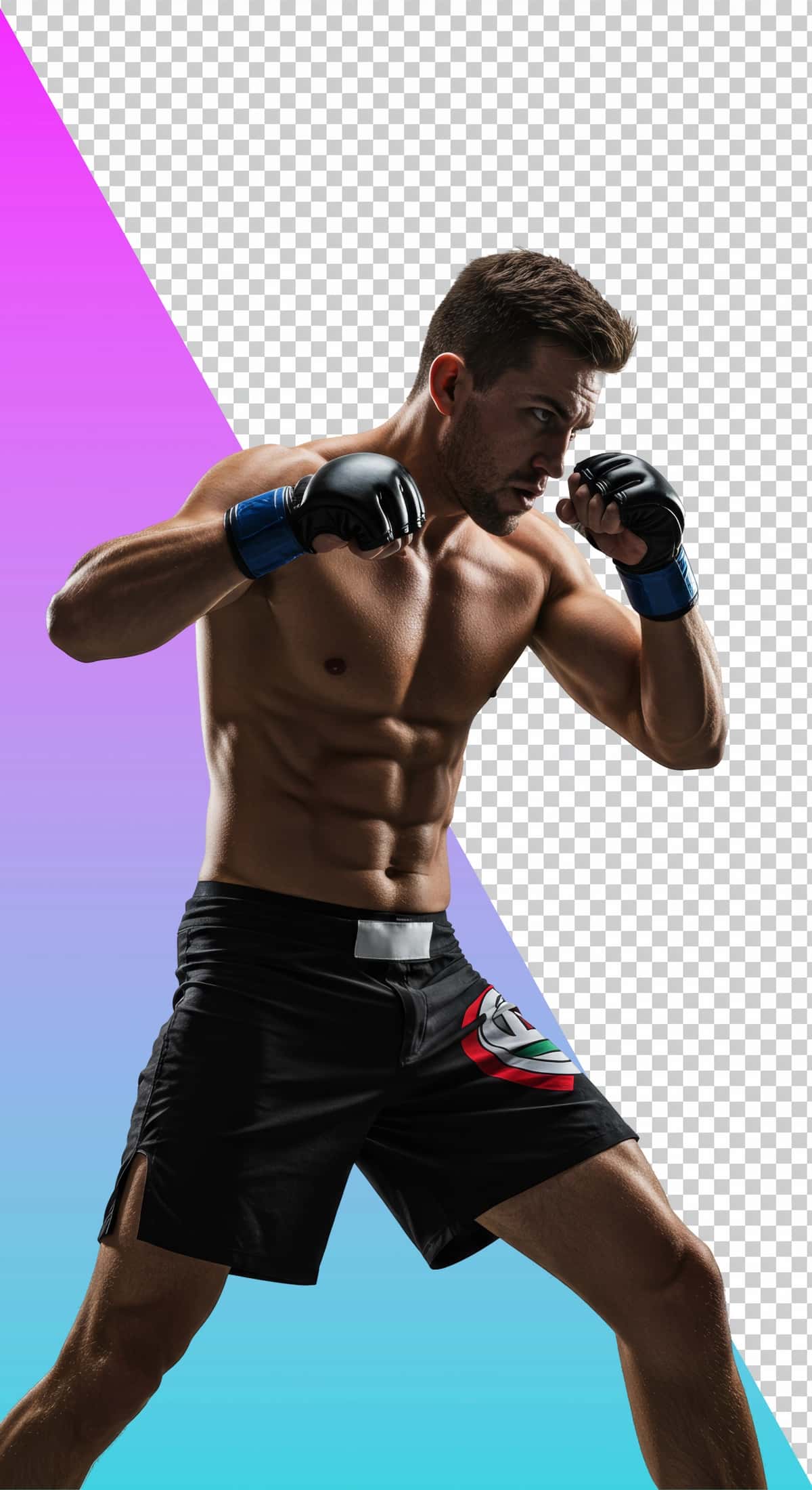 Ochiq koʻk rangli toʻq rangli shorti kiygan sportchi erkak bokschi jangovor pozitsiyasi | Athletic male boxer fighting stance wearing dark shorts lightblue 1