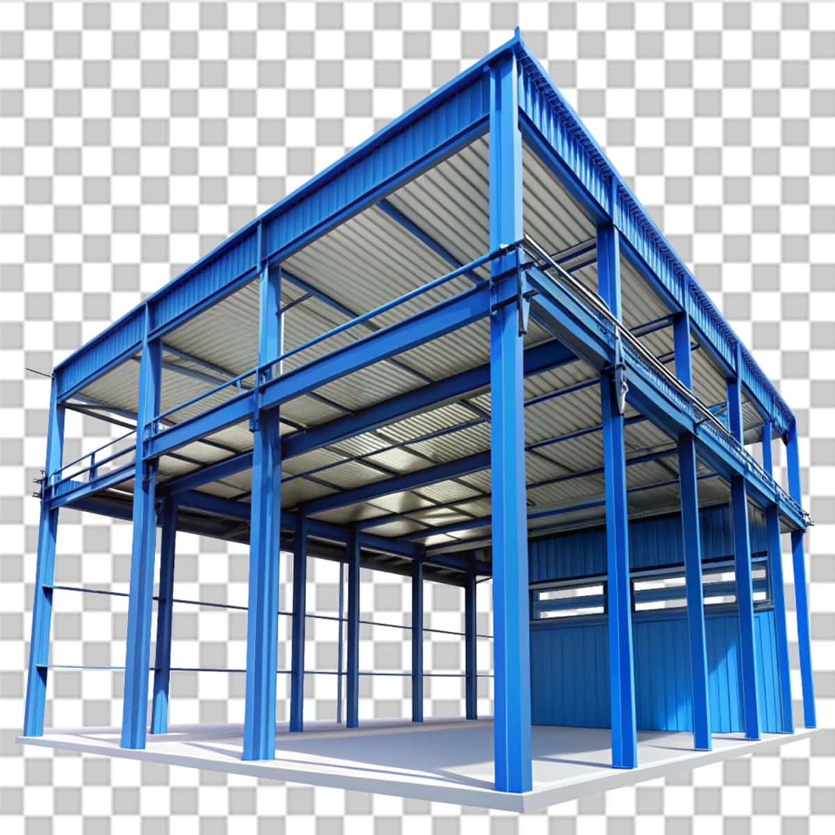 Moviy nurli metall bino shaffof fonni qo'llab-quvvatlaydi | Metal building with blue beams supports transparent background 1