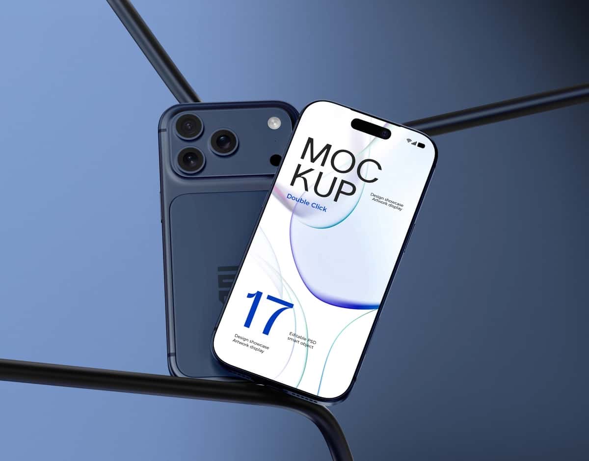 Ikkita zamonaviy suzuvchi smartfon 17 pro max maketi kavisli metall quvurlar | Dual modern floating smartphone 17 pro max mockup curved metal tubes 1
