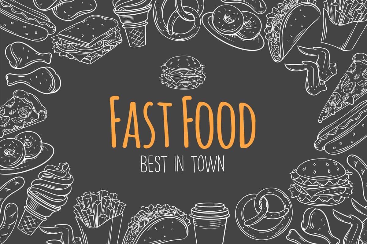 Fast tamaddi qilishga tayyor sahifa shablonlari kafe menyusi eskizi tasviri bilan | Fast food layout page template cafe menu sketch illustration with 1