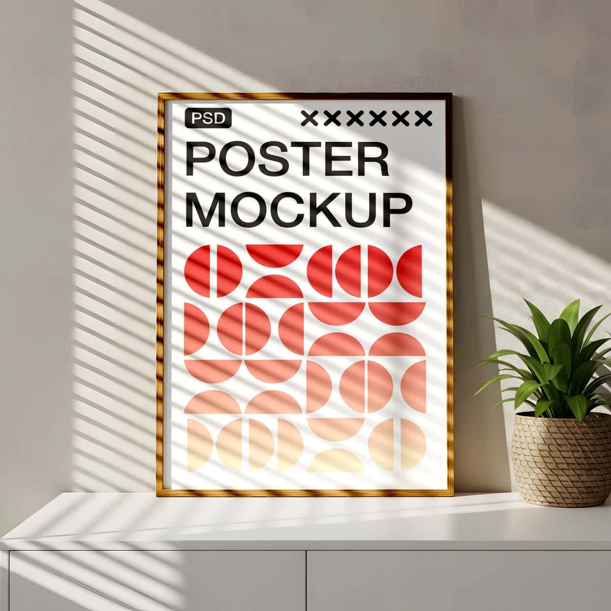 Geometrik san'at tabiiy yorug'lik bilan zamonaviy ramkali plakat maketi | Modern framed poster mockup with geometric art natural light 1