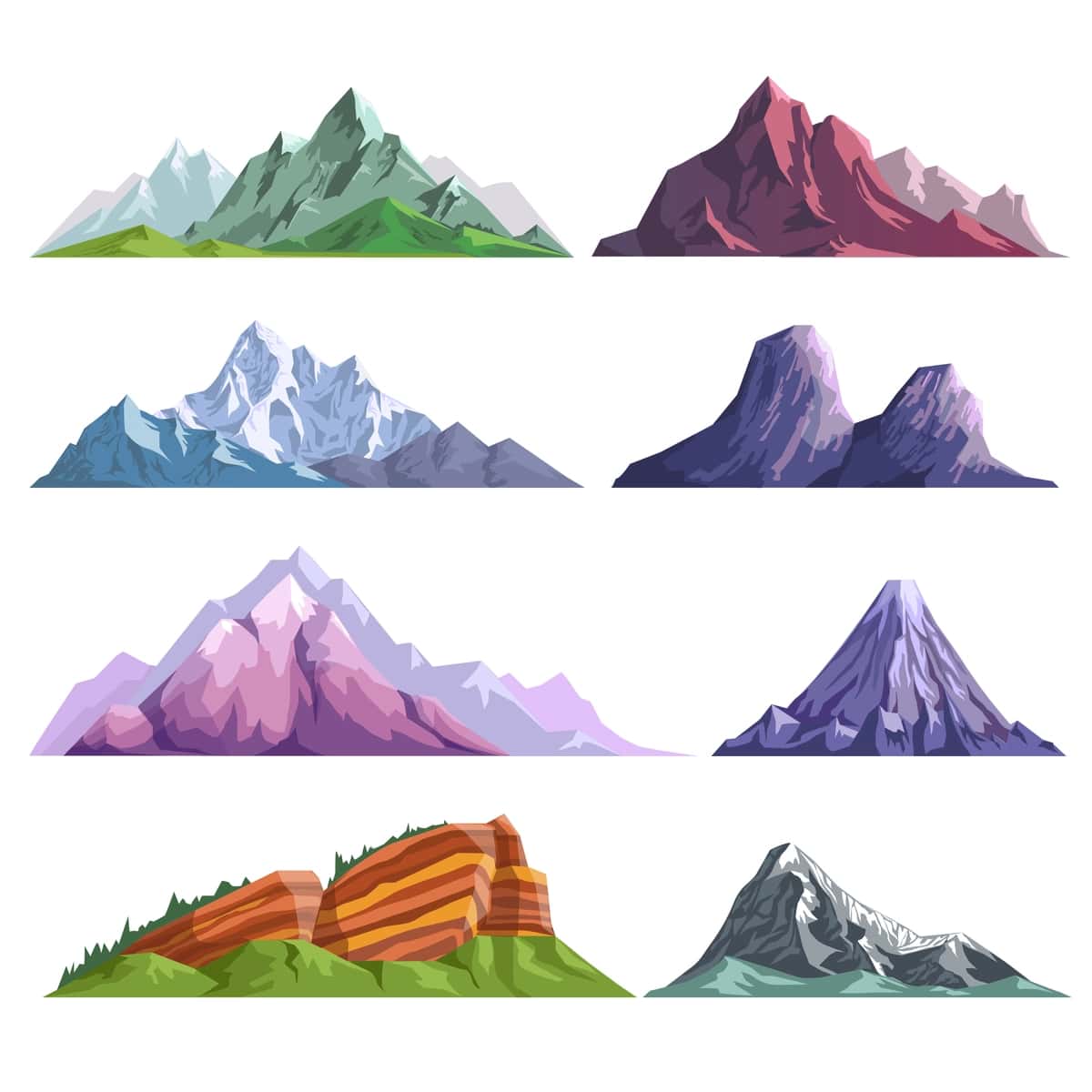 Tog' qoyalari alp tog'i tepaliklari tabiat tekis izolyatsiya qilingan piktogramma to'plami | Mountain rocks alpine mount hills nature flat isolated icons set 1