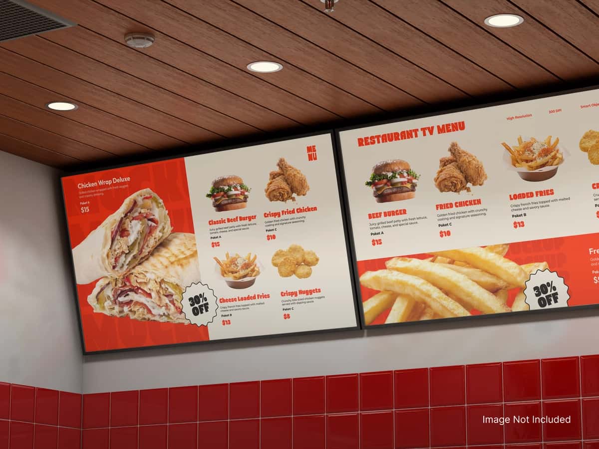 Haqiqiy past burchakli raqamli menyu taxtasi maketi restoran devori | Realistic low angle digital menu board mockup restaurant wall 1