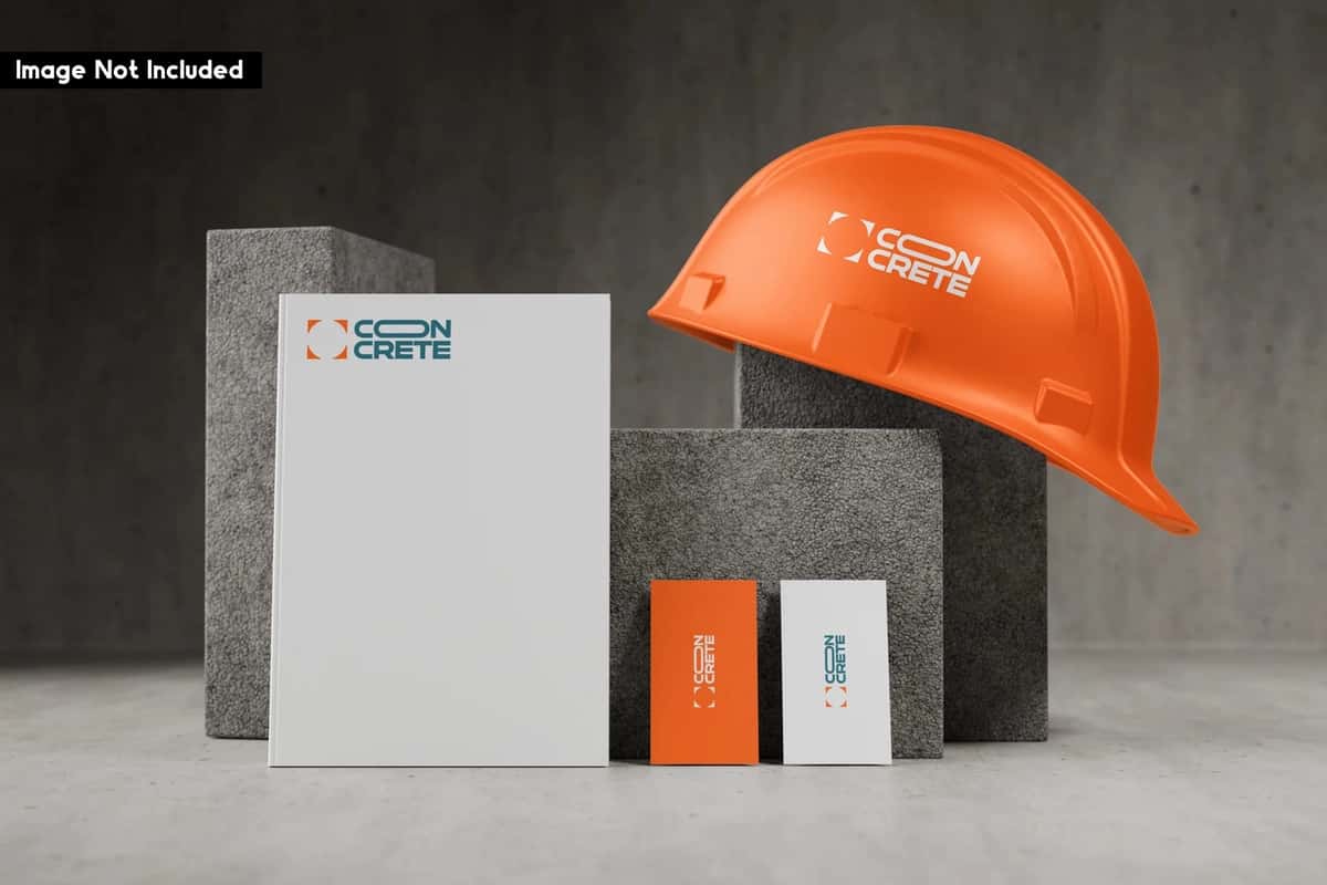Qurilish kompaniyasi brendining maketi qattiq qalpoqli ish yuritish buyumlari bilan | Construction company branding mockup with hard hat stationery 1