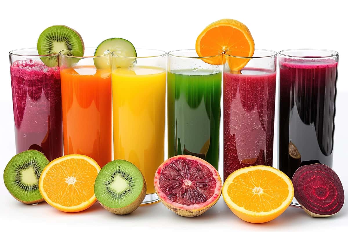 Mevali sabzavotli stakanlardan yangi sharbat quyiladi kontseptual tasvir | Conceptual image fresh juice pours from fruits vegetables glasses 1