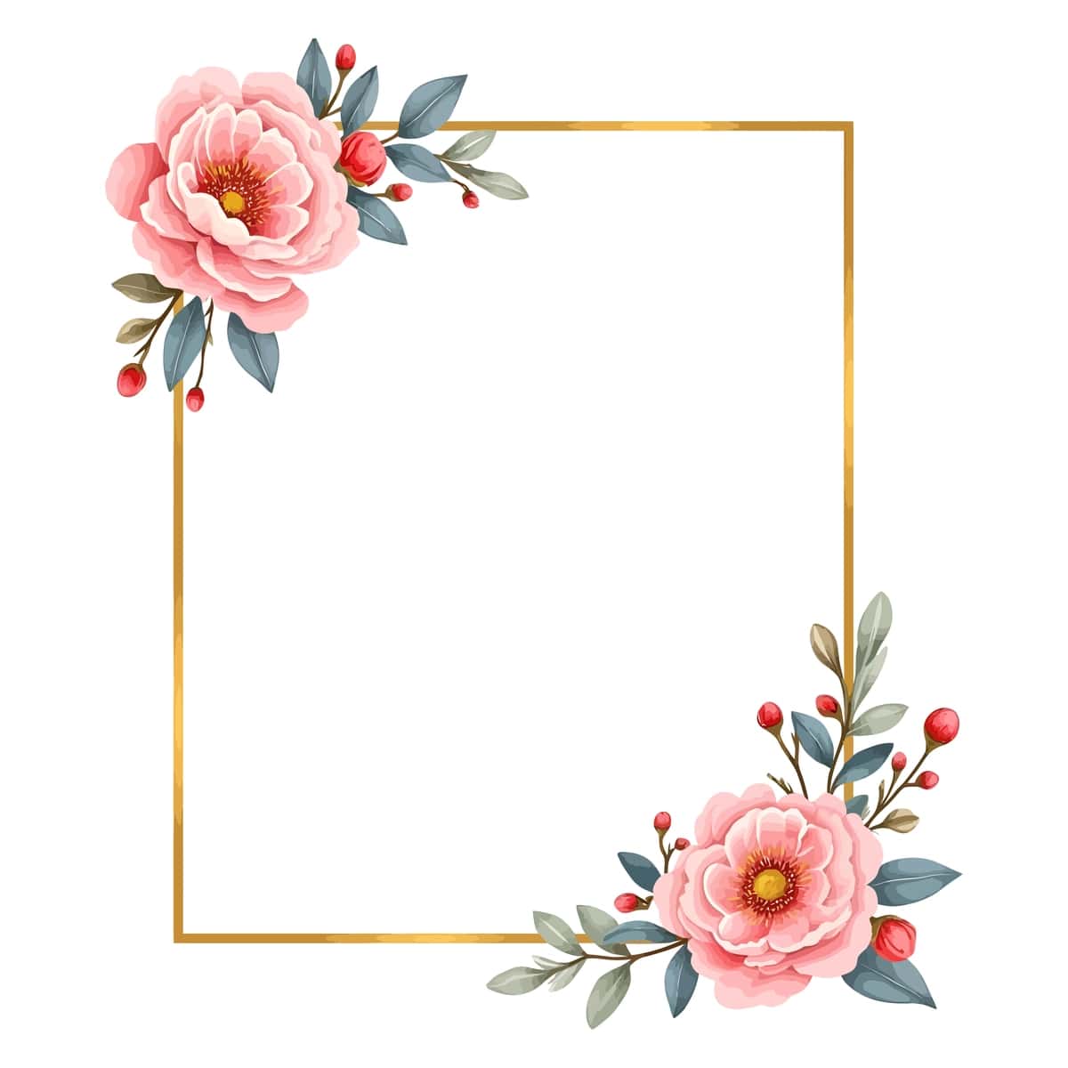 Pushti atirgul yashil bargi bilan oqlangan akvarel oltin ramka | Elegant watercolor golden frame with pink roses green leaf 1
