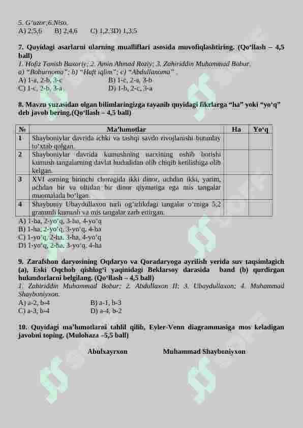 9-sinf O'zbekiston tarixi CHSB-1 orginal javoblari ham bor 4 ta variant 2