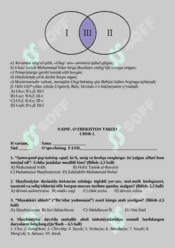 9-sinf O'zbekiston tarixi CHSB-1 orginal javoblari ham bor 4 ta variant 3
