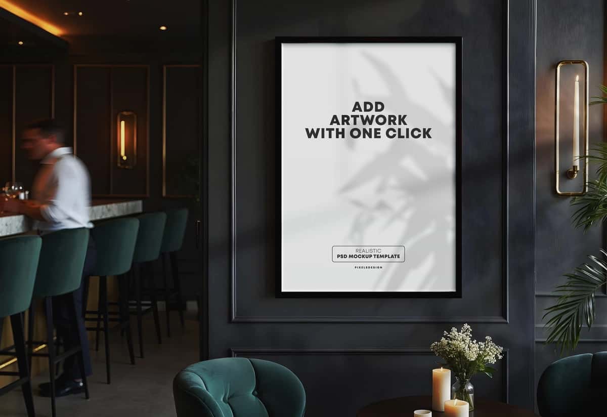 Restoran zalining plakati ramkasi maketi | Restaurant lounge poster frame mockup scene 1