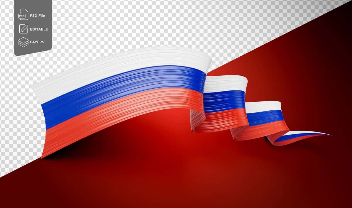 Rossiya bayrog'i yaltiroq hilpiragan bayroq lentasi izolyatsiya qilingan qizil fon 3D | Flag russia shiny waving flag ribbon isolated red background 3d 1