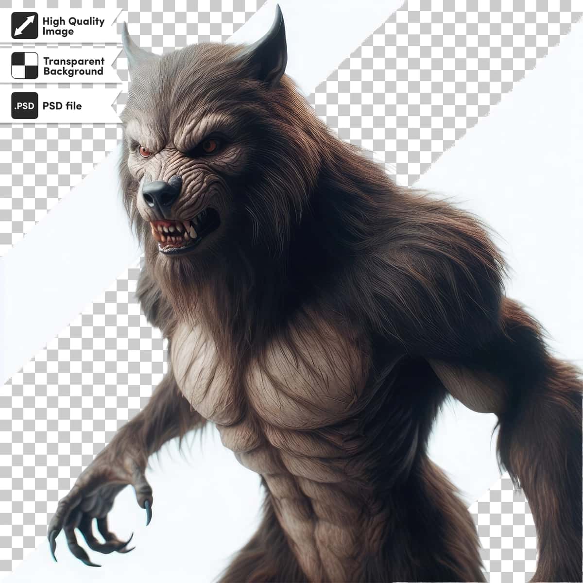 Psd bo'ri lycanthrope shaffof fonida tahrirlanadigan niqob | Psd werewolf lycanthrope transparent background with editable mask 1