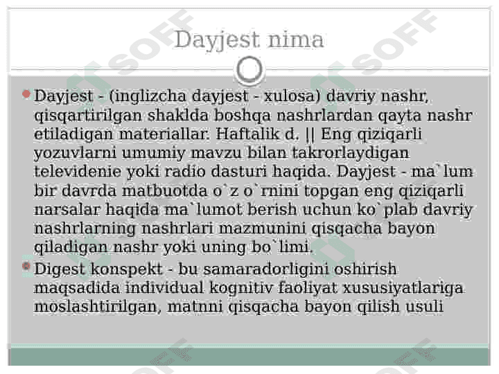 Axborot maxsulotlari va xizmatlarini yaratish metodikasi.(dayjestlar) 2