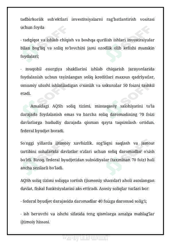 AQSH soliq tizimida mulkiy daromadlarni soliqqa tortish va belgilangan soliq elementlarini respublikamiz  soliq tizimidgi  shu kabi soliqlar bilan  taqqoslash va  farqlari hamda o’xshashliklarini izohlash 4