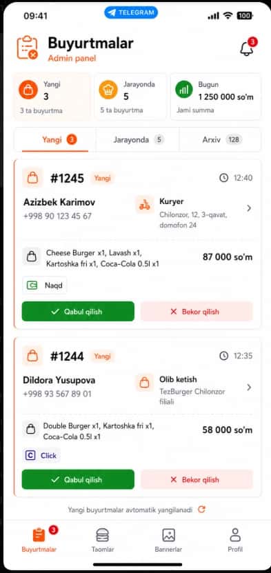 Fast Food uchun ilova dizayni 2