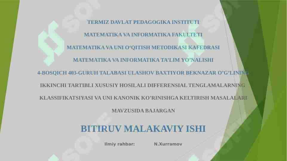 IKKINCHI TARTIBLI XUSUSIY HOSILALI DIFFERENSIAL TENGLAMALARNING KLASSIFIKATSIYASI VA UNI KANONIK KO’RINISHGA KELTIRISH MASALALARI