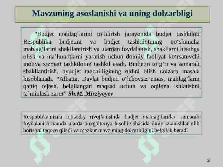 DAVLAT BUDJETI IJROSI TO‘G‘RISIDAGI HISOBOT TAHLILINI TASHKIL ETISH 3