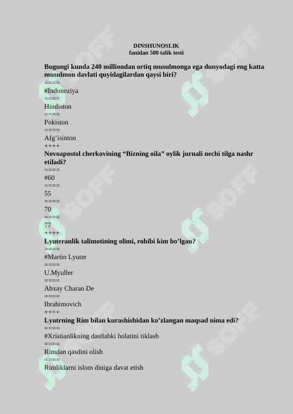 DINSHUNOSLIK fanidan 500 talik testi, javoblari bilan 1