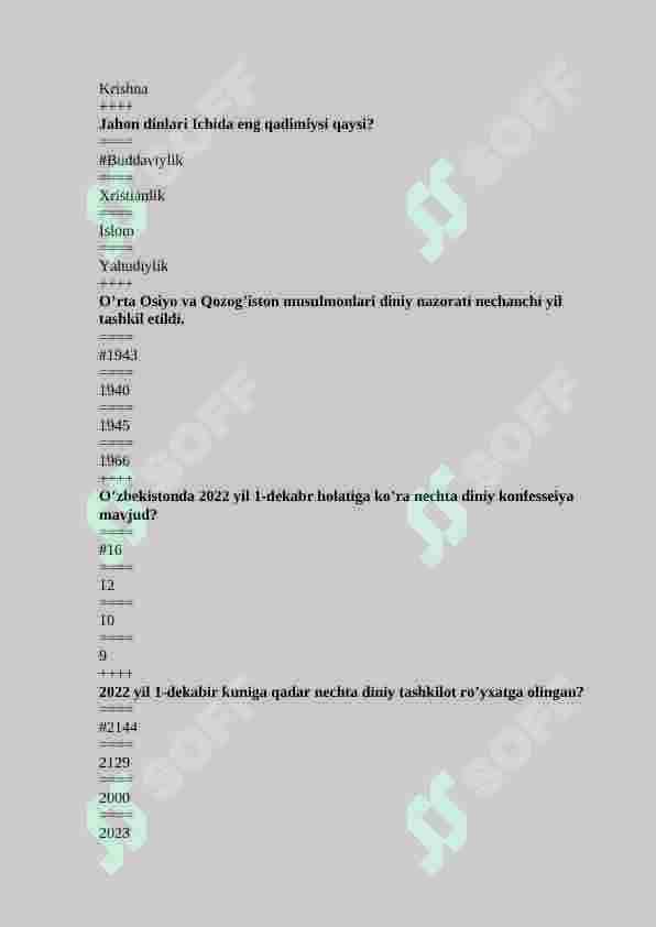 DINSHUNOSLIK fanidan 500 talik testi, javoblari bilan 3