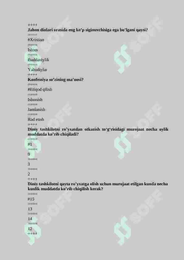 DINSHUNOSLIK fanidan 500 talik testi, javoblari bilan 4
